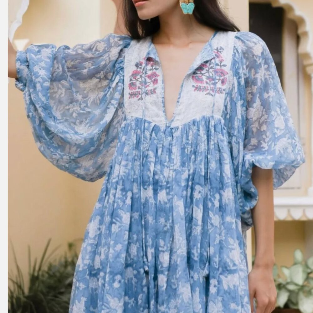 Daughters Of India Bohemian Diya Mini Dress L light Blue